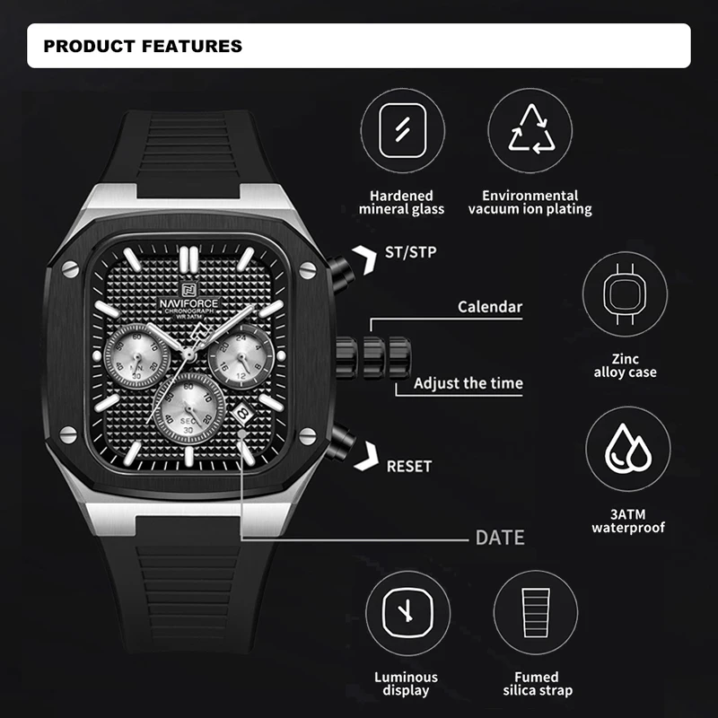 Men Watches NAVIFORCE Military Sports Waterproof Silicone Strap Man Wristwatch Wild Multifunction Square Dial Quartz Male Clock