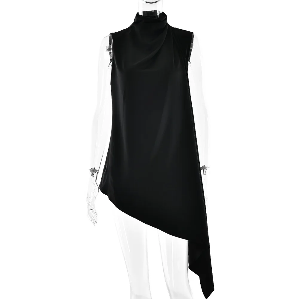 T-shirt irregolare da donna con colletto semi-alto e bottoni, design superiore, senso del temperamento casual