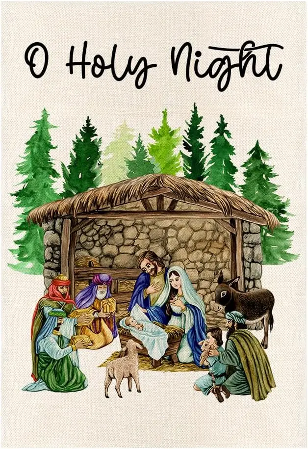 O Holy Night Nativity Religious Christmas Garden Flag Vertical Double Sided, Christian Manger Scene Yard Outdoor Decoration 12 x