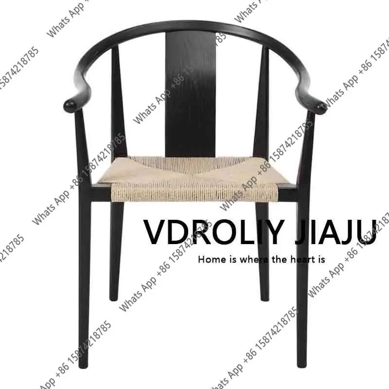 Nordic handmade rope seat cushion solid wood dining chair hotel homestay leisure back chair armrest simple home coffee chair