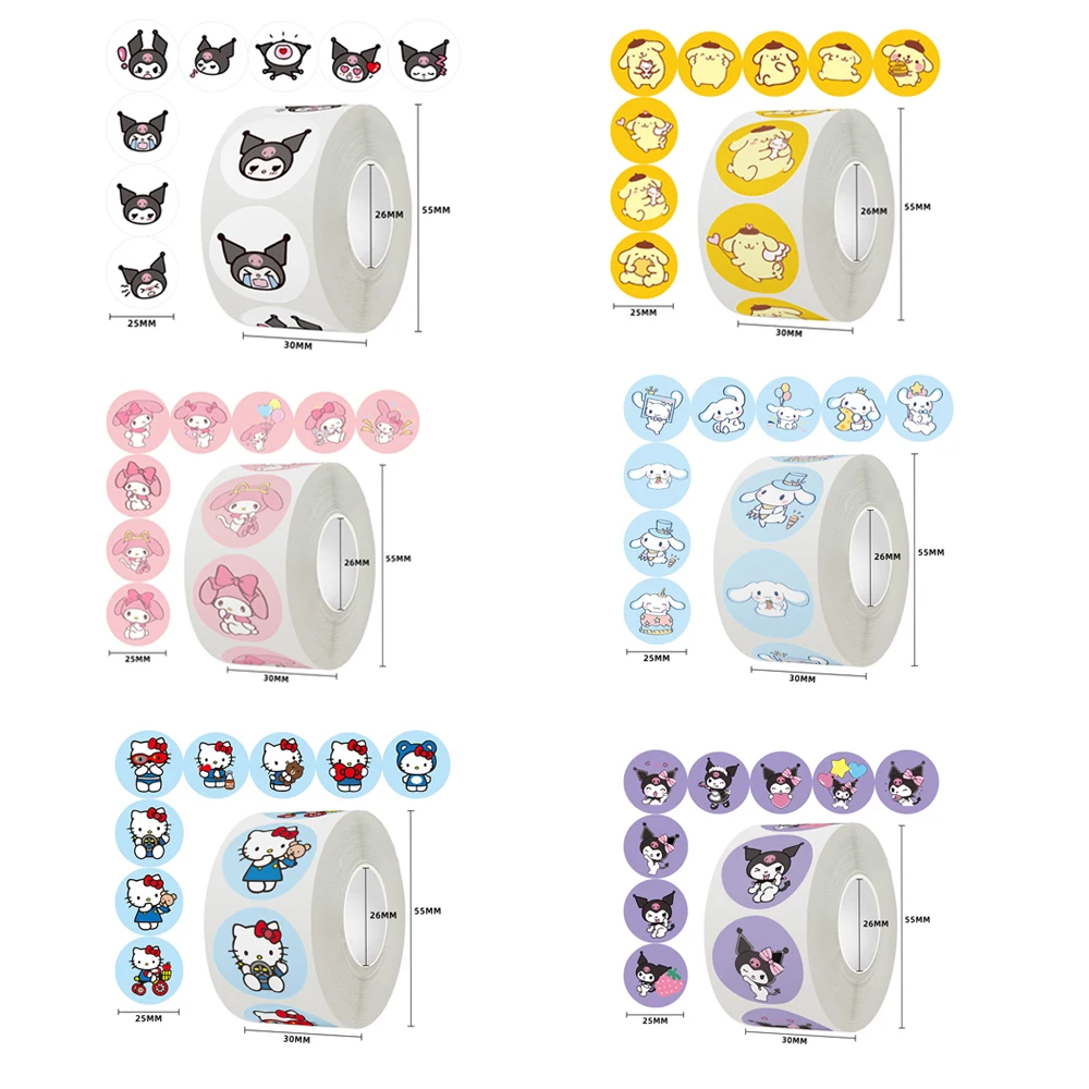 500Pcs/roll New Kawaii Sanrio Sticker Cute Cinnamoroll Kuromi Hello Kitty Cartoon Kids Reward Stickers Gift Decor Decals Toys