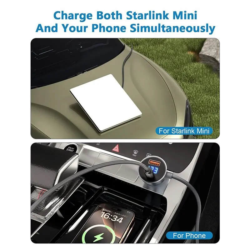 A33T-3X For Starlink Mini Car Power Cable With Digital Display DC 12V 24V Cigarette Lighter Power Cord 10FT