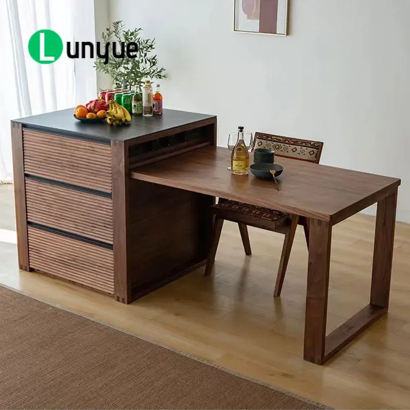 North American Black Walnut Island Dining Table with Integrated Pull Out Drawer Cabinet Sideboard Storage Snack Chest for