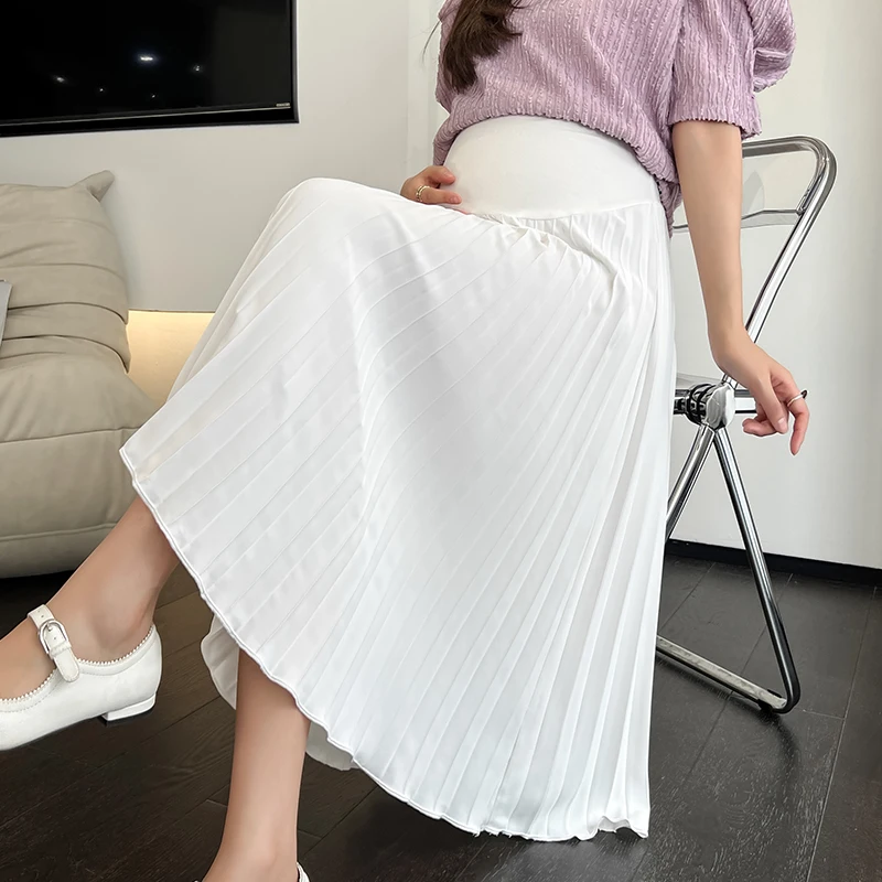 Y2k Summer Pleated Chiffon Maternity Skirts White Black Elastic Waist Belly Pants Clothes for Pregnant Women Youth Pregnancy