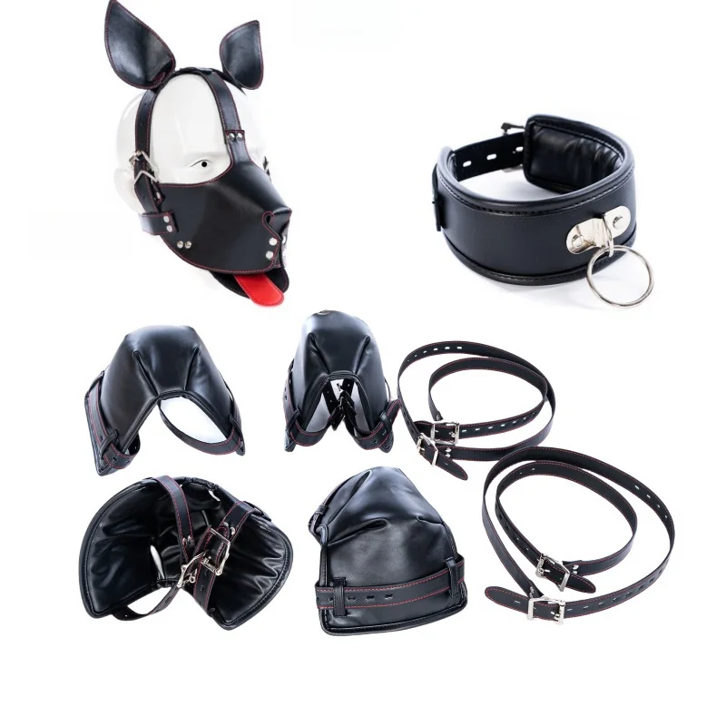 Sexy Hollow BDSM Kits Adult Toys with Unisex Collar Crawl Knee Elbow Handcuffs for Couple Sex Games Puppy Cosplay Hood Costume