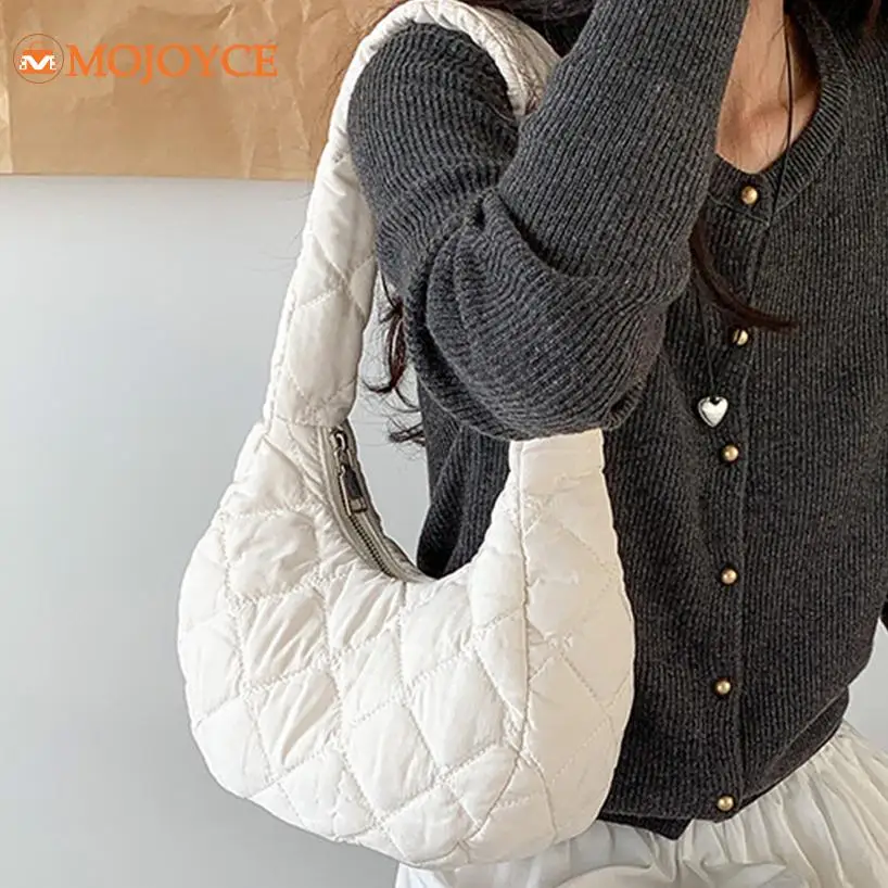 Autumn&Winter Women's Puffer Crescent Bag Quilted Padded Small Underarm Bag Puffy Cotton Ladies Tote Handbag Nylon Shoulder Bags