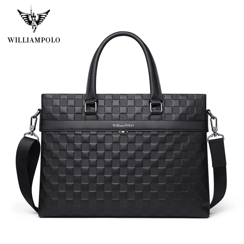 WILLIAMPOLO-maletín de cuero para hombre, bolso de hombro de negocios a la moda, bolsos cruzados, bolso para portátil de 13 "con correa