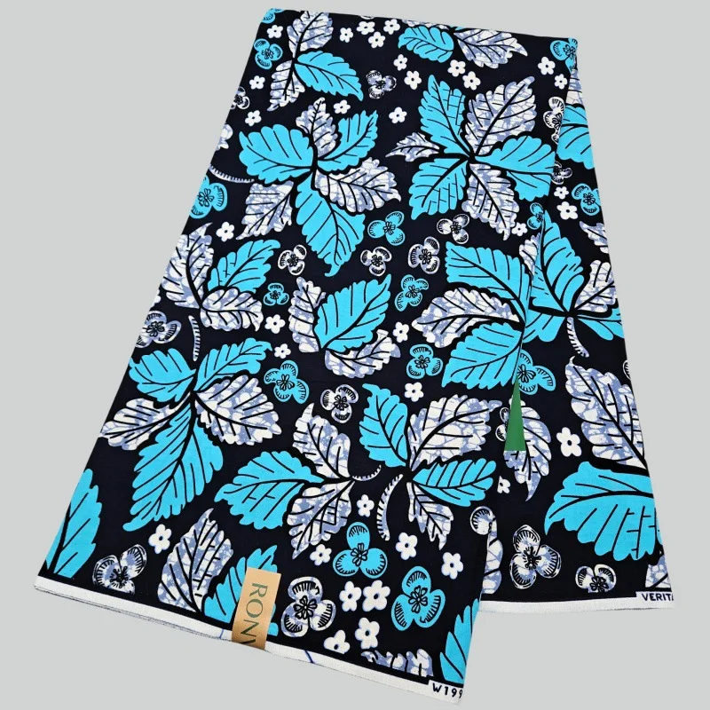 

6 ярдов длинная хлопковая восковая ткань в африканском стиле с принтом синих листьев для шитья своими руками платье диван занавеска скатерть R2748