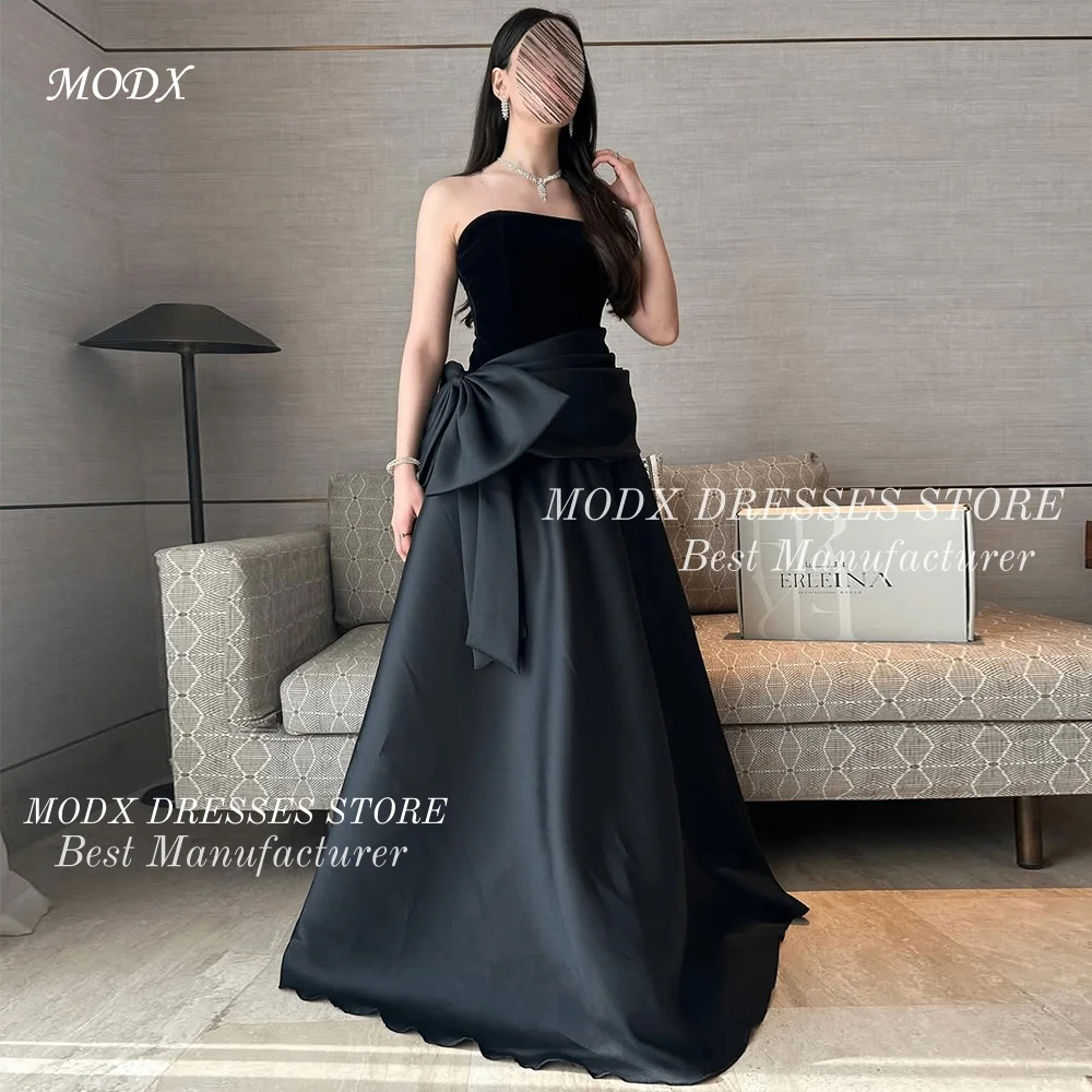 

MODX Simple Black Satin Arabic Evening Dresses with Bow Customized Sleeveless Women Party Dress Formal Celebrity Gowns Quinceane