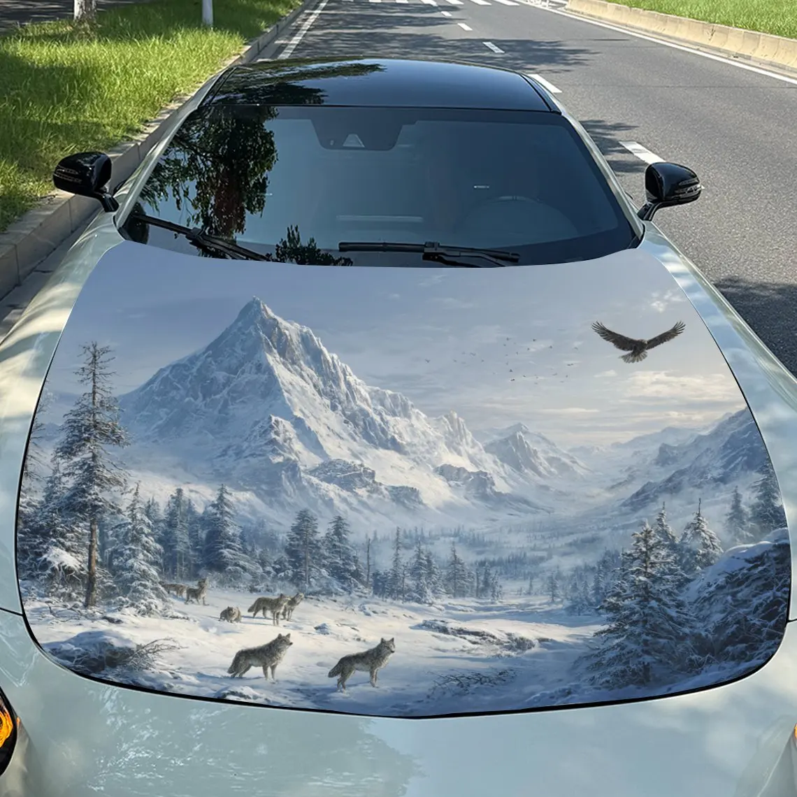 

The Wolf On The Snow Mountain PVC Car Vinyl Wrap - Self-Adhesive Waterproof Hood Decal Sticker,Durable Protection For Trucks, Ca