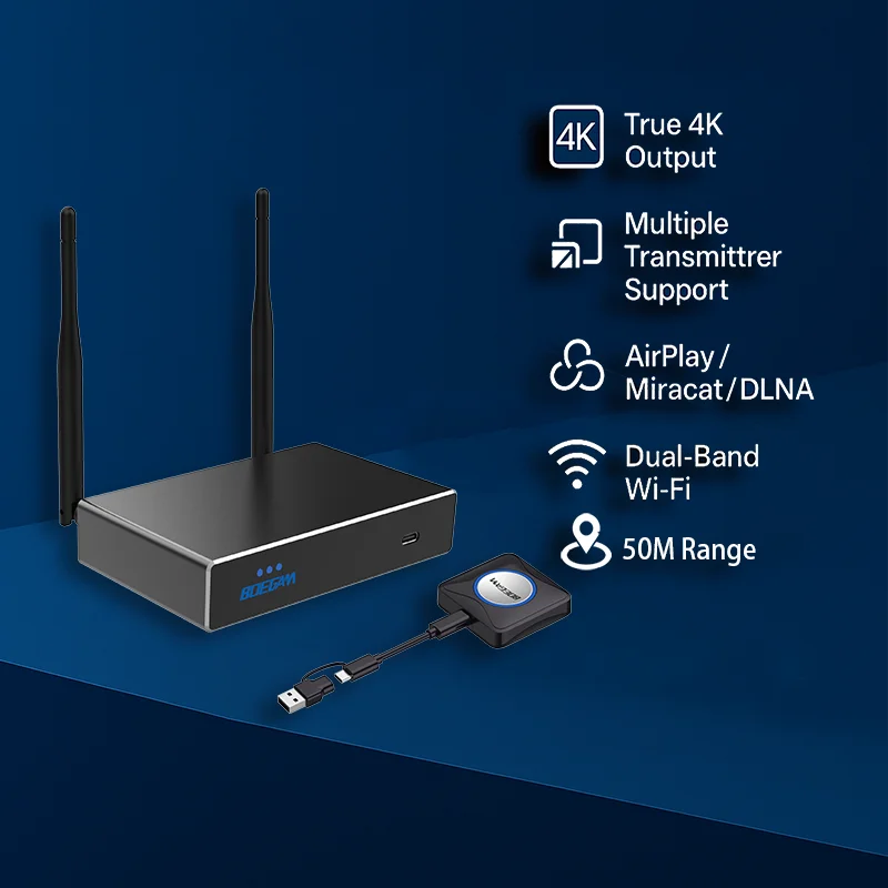 

Комплект беспроводного передатчика и приемника дисплея 4K BYOD для совместного использования экрана Plug and Play для мультиустройств