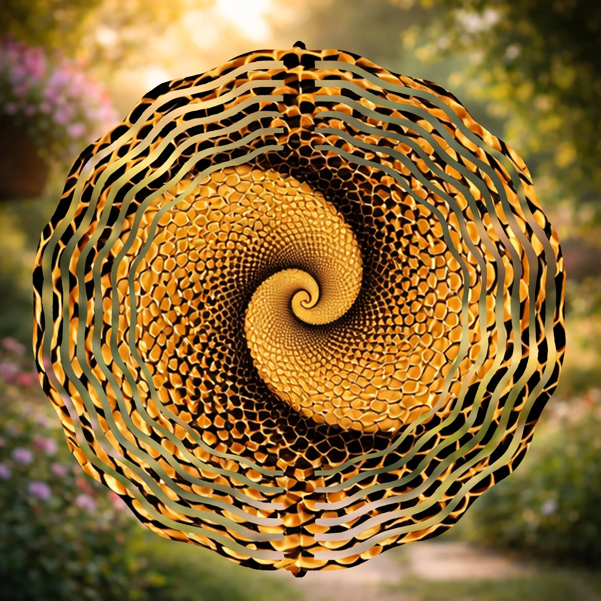 Golden Spiral Wind Chime, Abstract Art Style, Featuring Intricate Geometric Design - 360° Rotating Metal Hanging Ornament