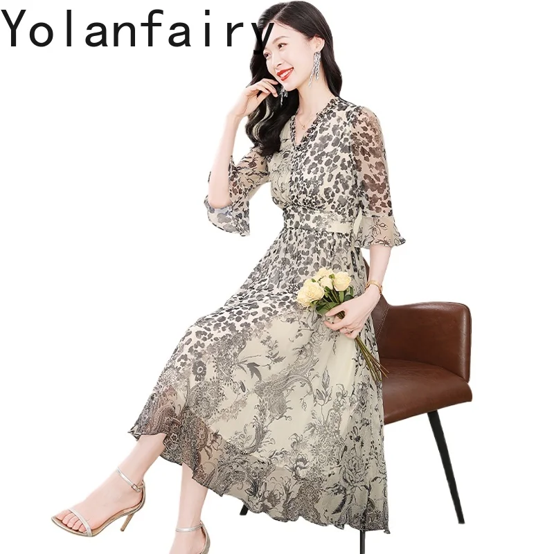 YOLANFAIRY جودة عالية 100% التوت فستان حريري صيف 2025 امرأة الراقية خمر ليوبارد طباعة فساتين الخامس الرقبة فستان التخسيس
