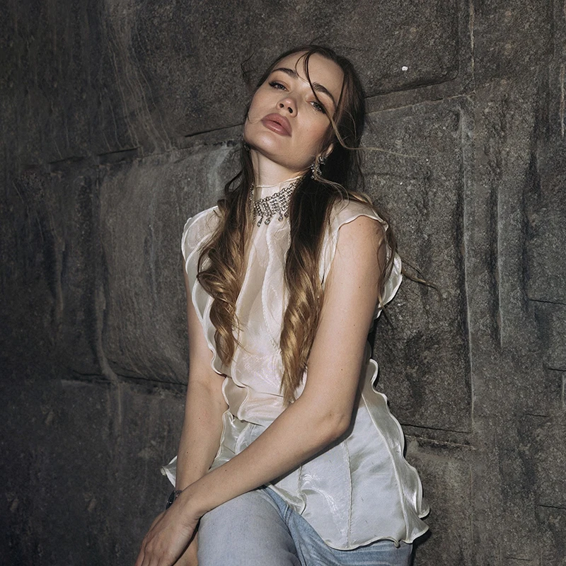 Elegant Stand Collar Wavy Scallop Sleeveless Top Women Chic Semi Sheer Peplum Ruffle Hem Office Camisole Summer Party Streetwear