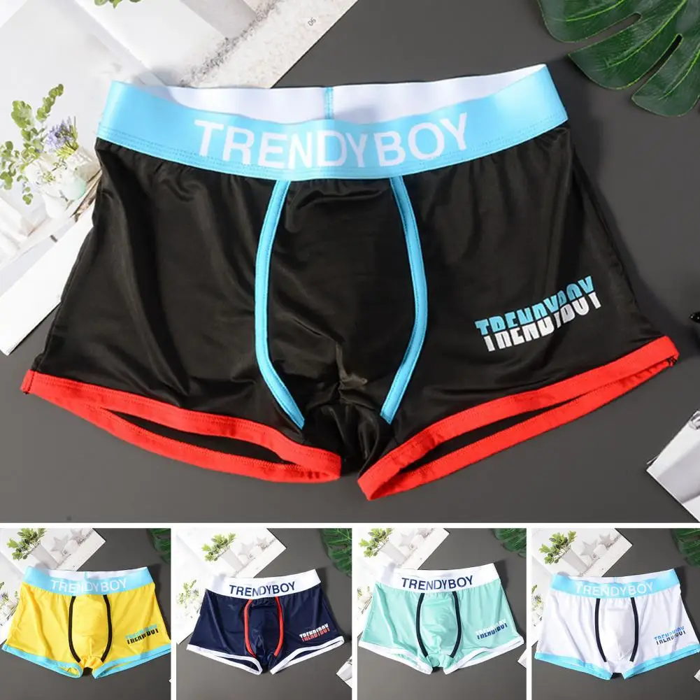 Men Boxers Color Matching Letter Print Breathable Stretchy Underwear Soft Ice Silk Cooling U Convex Mid Waist Men Underpants