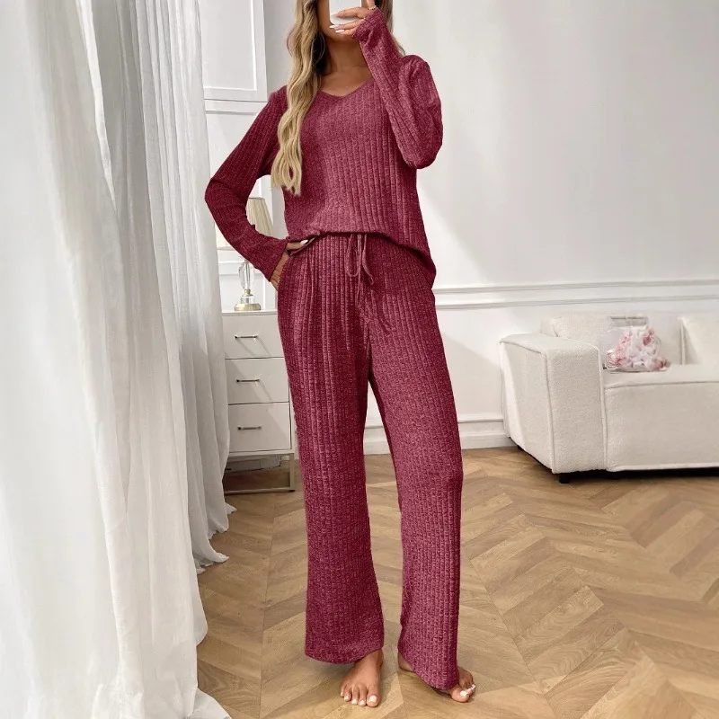 

Simple and Casual Home Comfort New Style Pit Strip Pajamas Round Neck Long Sleeve Trousers Home Clothing Set
