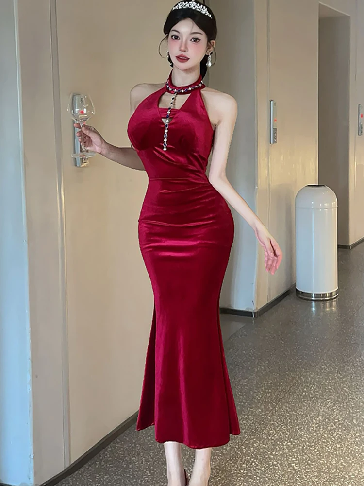 Outono inverno vermelho veludo diamantes pescoço-montado vestido feminino elegante vestido de festival de luxo 2025 coreano bodycon dança vestidos de festa