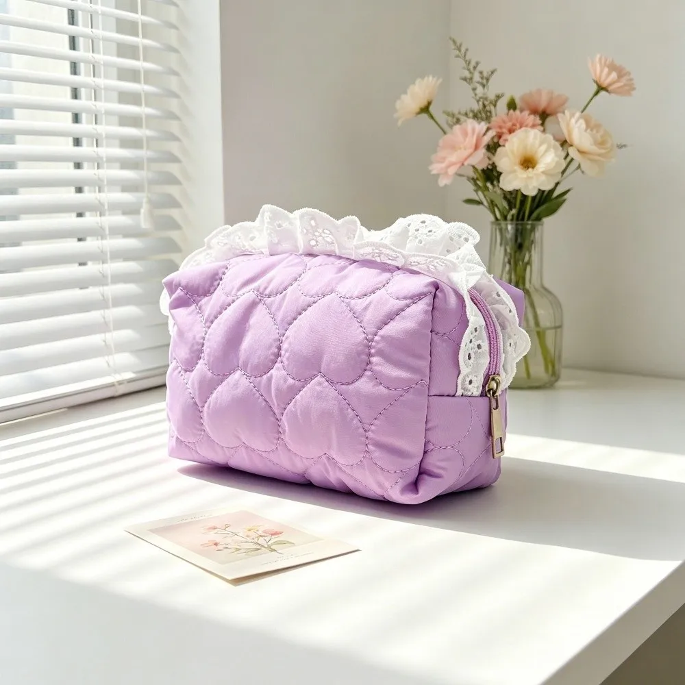 Large Capacity Cosmetic Bag Lace Ruffle Multifunctional Makeup Organizer Pouch Quilted Plaid Heart Pattern Travel Toiletry Bag