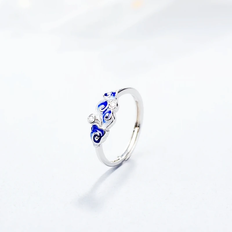 Sole Memory Blue Drip Glaze Mermaid Cloud Sweet Exquisite Silver Color Female Resizable Opening Rings