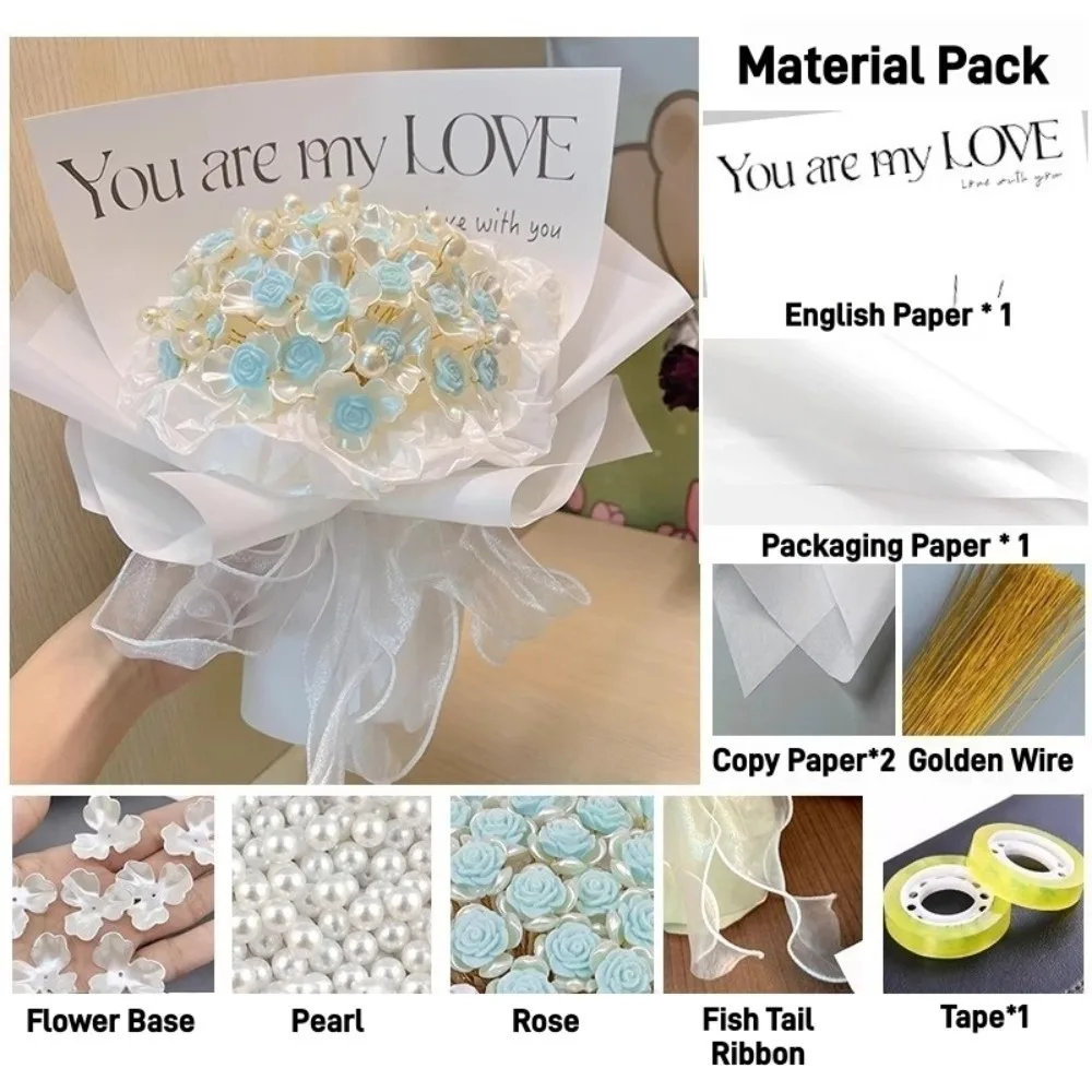 

Pearl DIY Rose Bouquet with Light Romantic Ribbon Artificial Flowers Material Package Set Fashion Handmade Valentine’s Day Gift