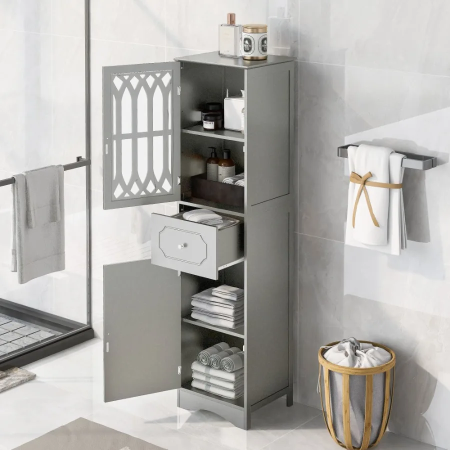 

Tall Bathroom Cabinet Freestanding Storage Cabinet with Drawer and Doors MDF Board Acrylic Door Adjustable Shelf Grey