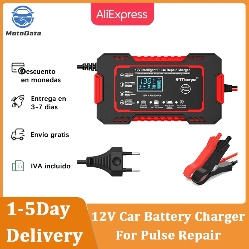 12V Fully Automatic Car Battery Charger LCD Display Motorcycle Intelligent Pulse Repair Charger Dry Water/Lead-Acid Battery