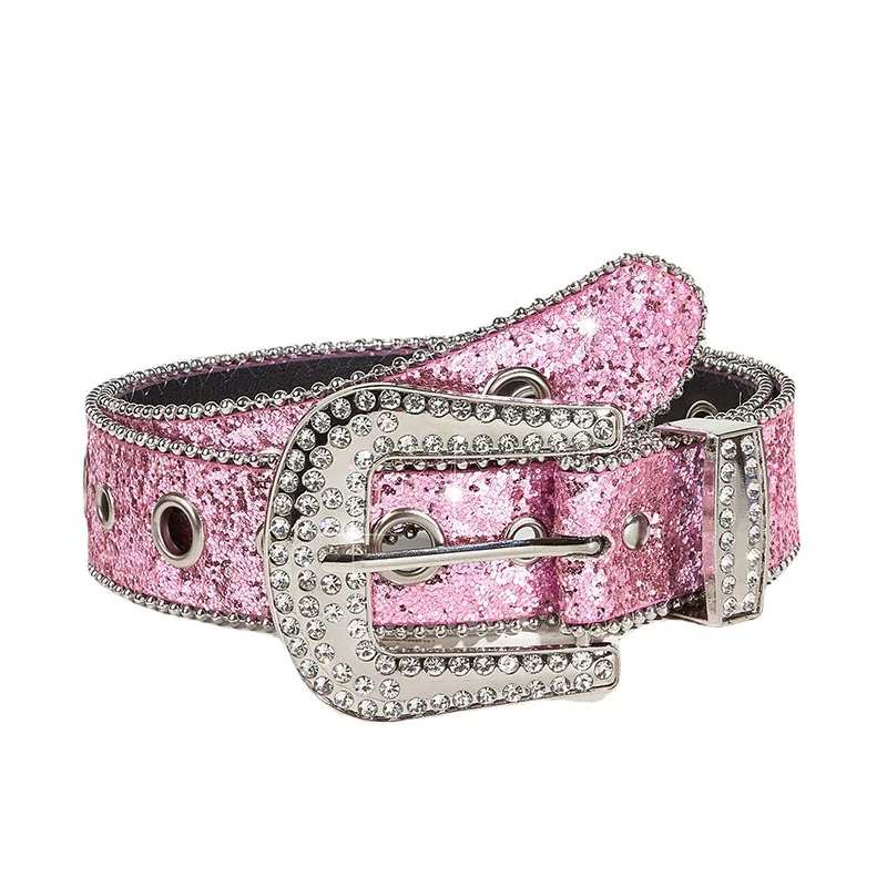 Fashion Sequin Pink Rhinestone Belt for Women Y2K Luxury Designer Pin Buckle Waist Strap Female Jeans Trouser Decor Waistband