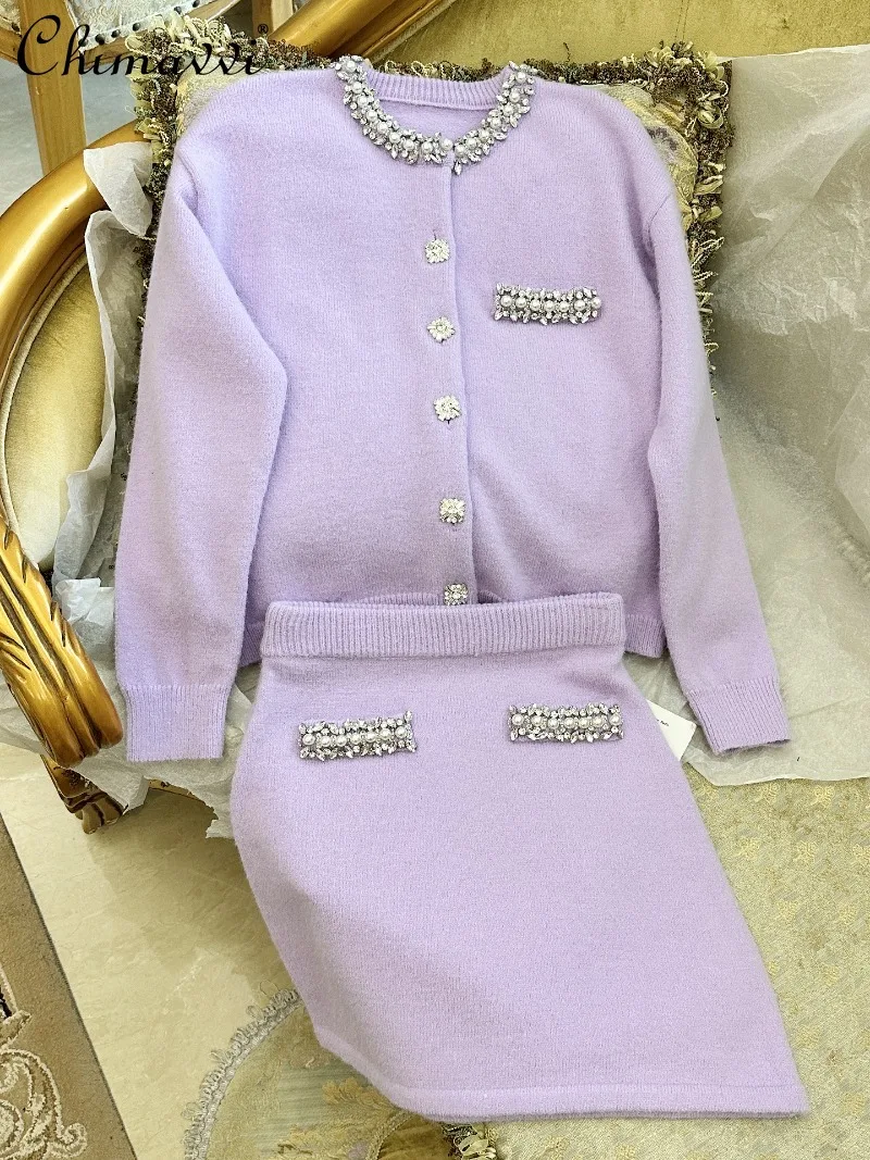 

2025 Tumn Winter New Heavy Long Sleeve Knitted Cardigan Top and Skirt Elegant French Style Light Purple Women's Clothing