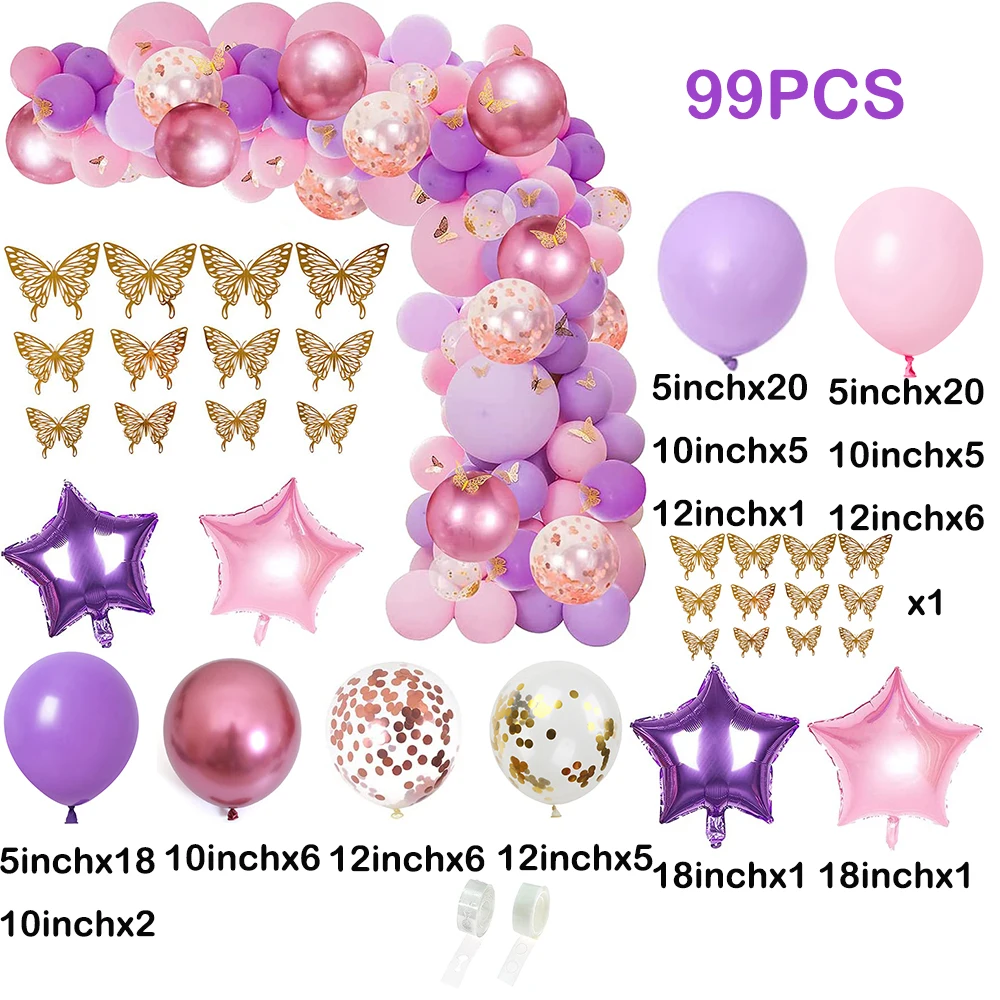 Pink Purple Balloons Garland Arch Kit Confetti Ballon Butterfly Party Girl Birthday Star Foil Balloons Wedding Baby Shower Decor