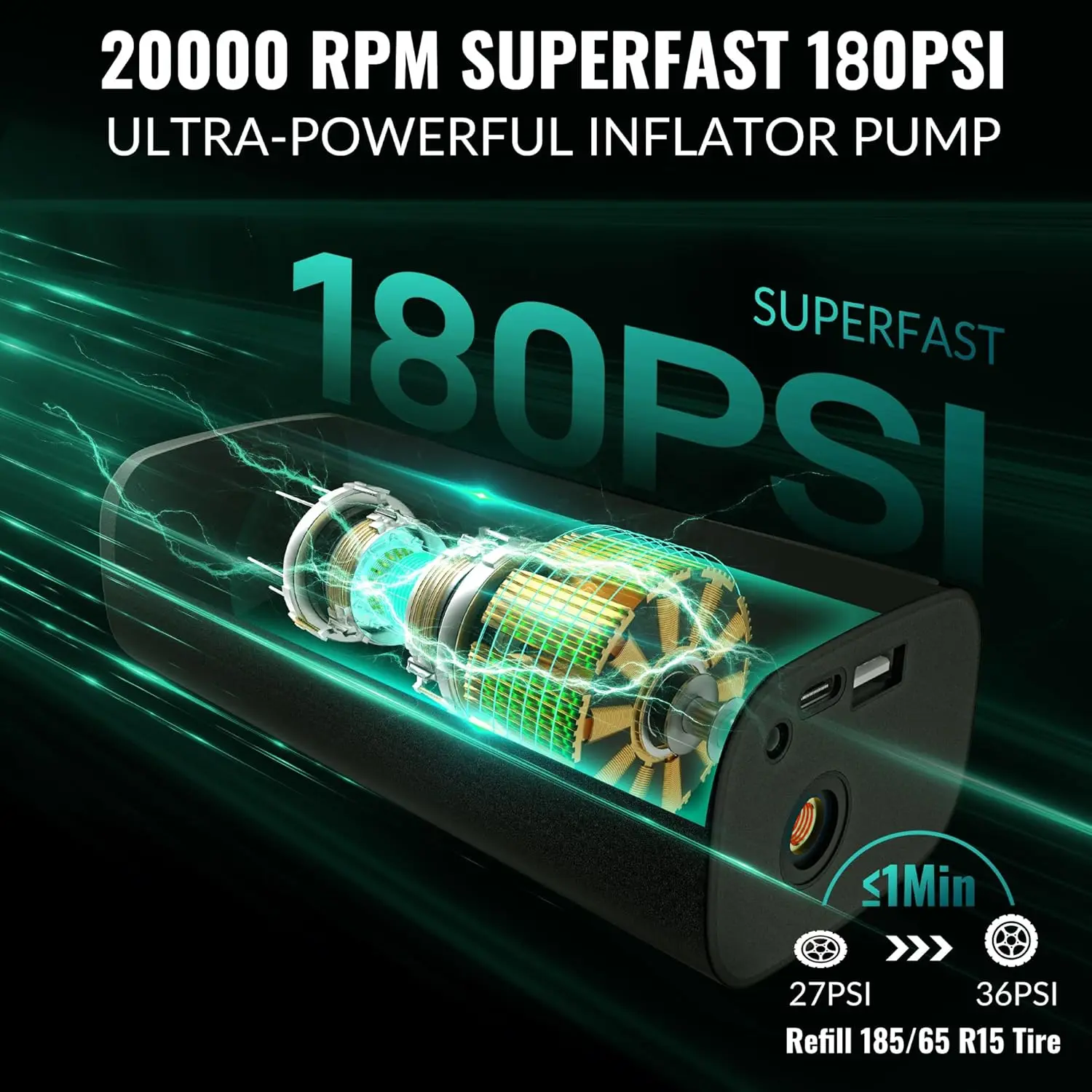 Portable Air Compressor for Car Tires, 180PSI Fast Inflation, Cordless with Pressure Gauge for Motorcycle Bicycle Ball