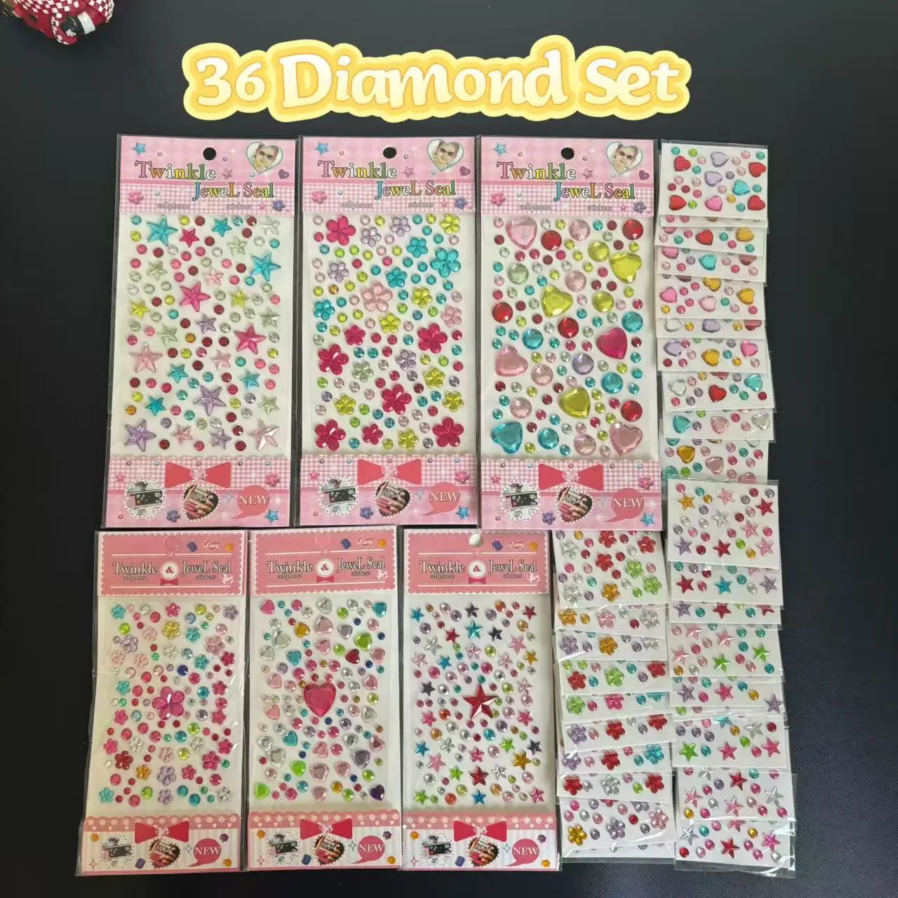 36 colorful sparkling gem stickers with heart, star, and moon patterns; crystal glitter stage eye stickers, face stickers, and p