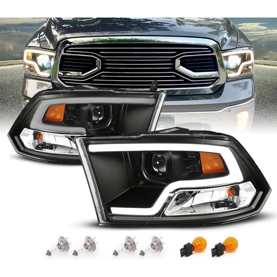 

LED Plank Tube Black Square Projector Headlights Assembly for 2009-2019 Dodge Ram 1500 2500 3500 Pair - Driver and Passenger Si