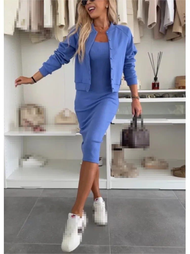 

Women Fashion Solid Dress Set Spring Autumn With Cover-Up Slim 2-Piece Suit Split Hem High Waist Cardigan Ladies Set Outfit