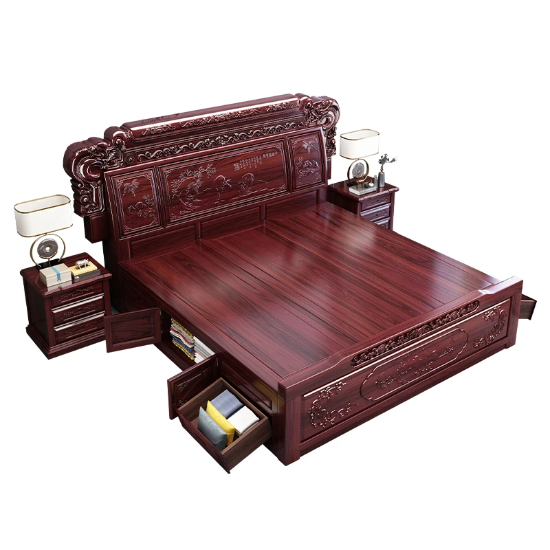 

Mahogany bed 1.8 meters double bed Chinese full solid wood carving flower rosewood wedding bed pineapple lattice wood