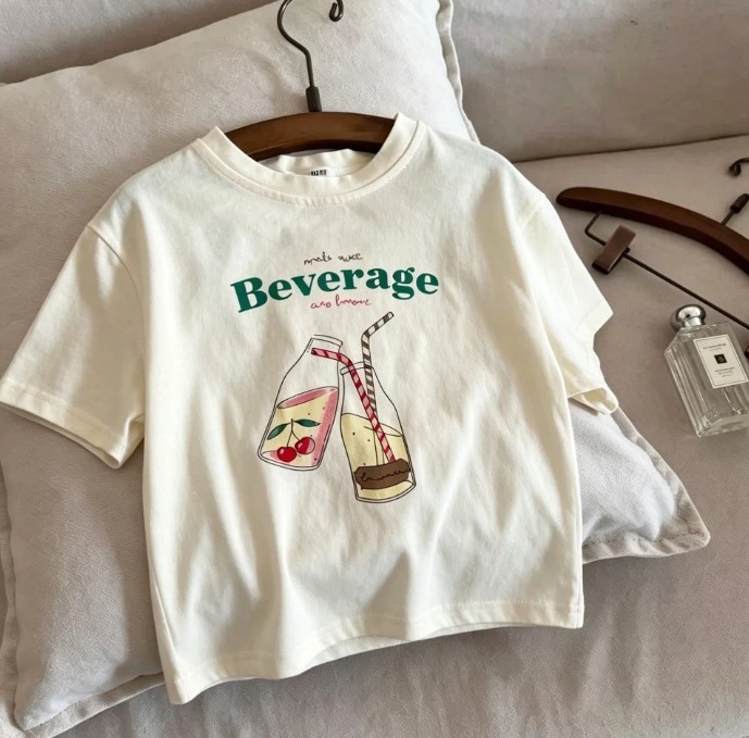 Kids Summer Cotton T Shirt With Beverage Cat And Dinosaur Graphics Comfortable Tees Short And Long Sleeve Top For Toddlers Wear