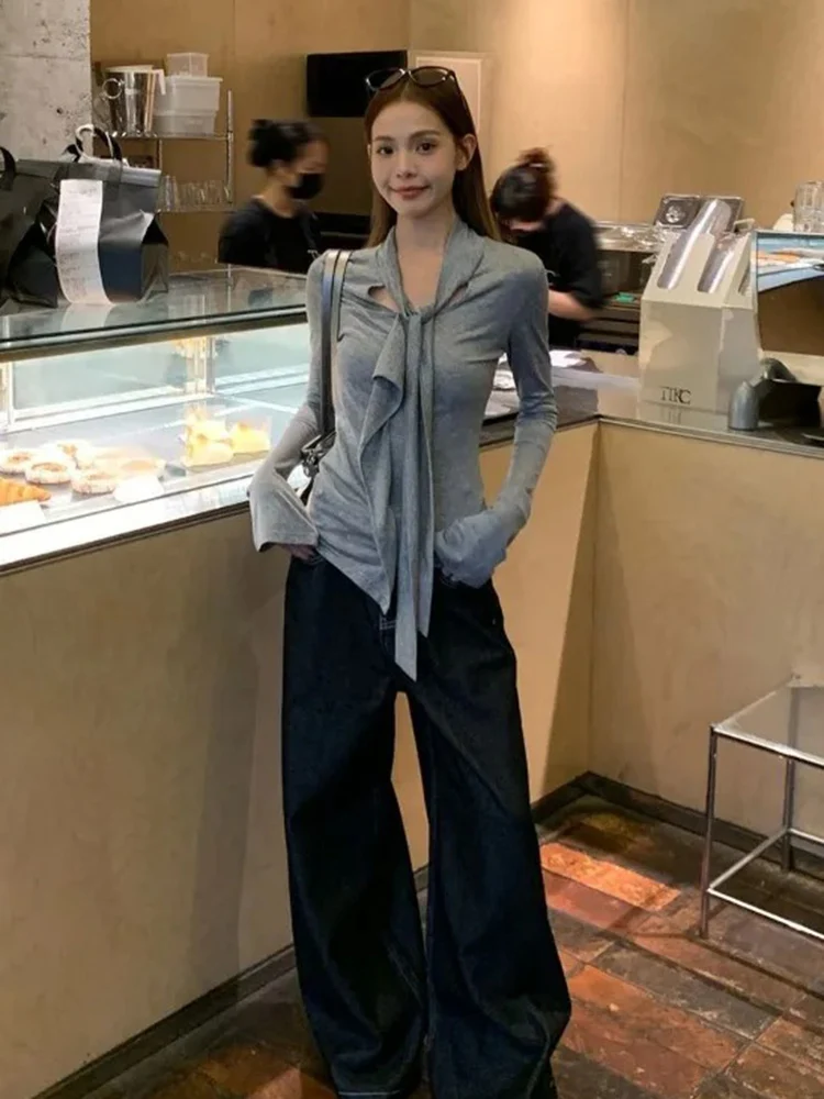 المرأة تي شيرت ضمادة الكشكشة ضئيلة طويلة الأكمام الخريف أزياء خمر مثير أنيقة الصلبة الإناث الأساسية Y2k عارضة المحملة