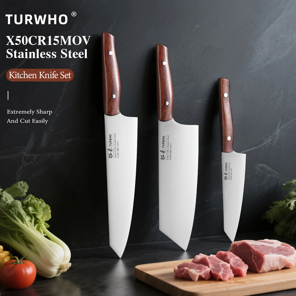 TURWHO 3-PCS Professional Kitchen Knives Set Utility Kiritsuke Cleaver X50Cr15MoV Stainless Steel Japanese Chef Cooking Knife