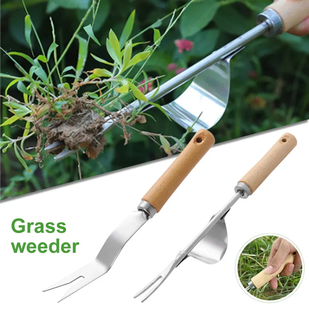 Wood Handle Stainless Steel Garden Weeder Hand Weeding Removal Cutter Puller Tools Multifunction Weeder Transplant Removing Tool