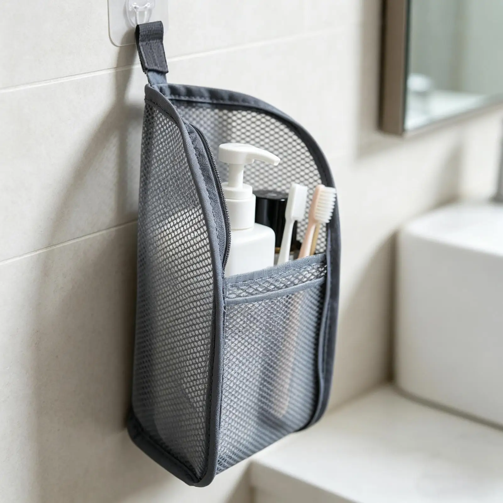 Standing Mesh Toiletry Bag Women Portable Cosmetic Makeup Organizer Travel Waterproof Toothbrush Storage Case Beauty Pouch