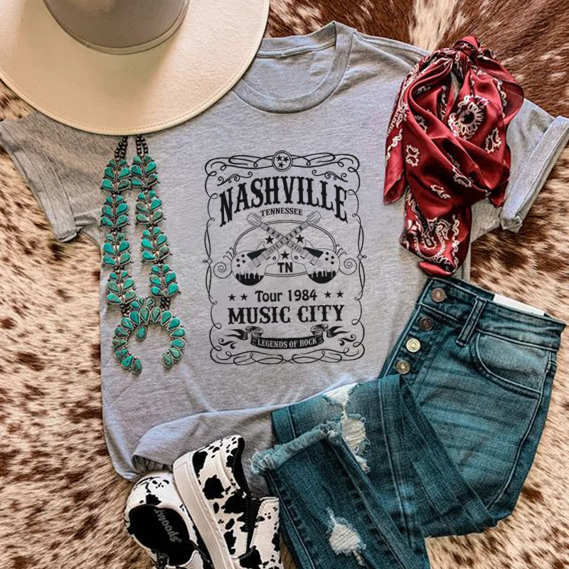 Women Nashville Guitar Graphic Tshirt Vintage Tennessee Country Music T Shirt Loose Rock T-shirt Ladies Western Boho Top Clothes