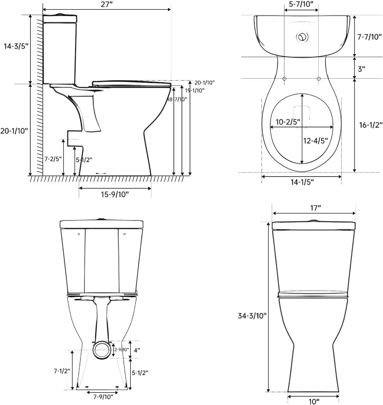 Rear Outlet Toilet With 19 Inch Tall Toilet Bowl & Tank, High Toilets For Seniors With Rear Discharge-Includes Extension Pipe