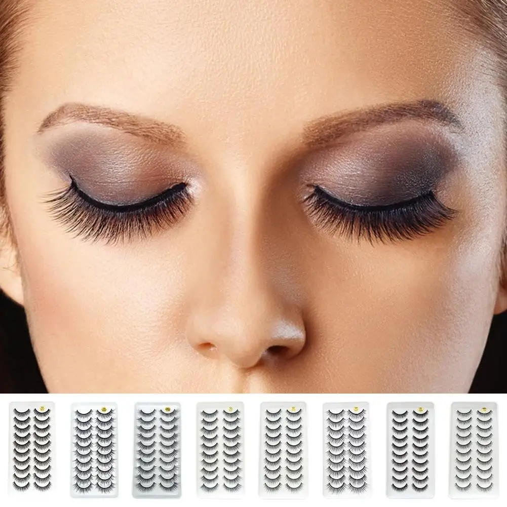 10 Pairs False Eyelashes Black Fluffy False Eyelashes Wispy Half Lashes Strip Beauty Makeup Volume Eyelash Extension Tools