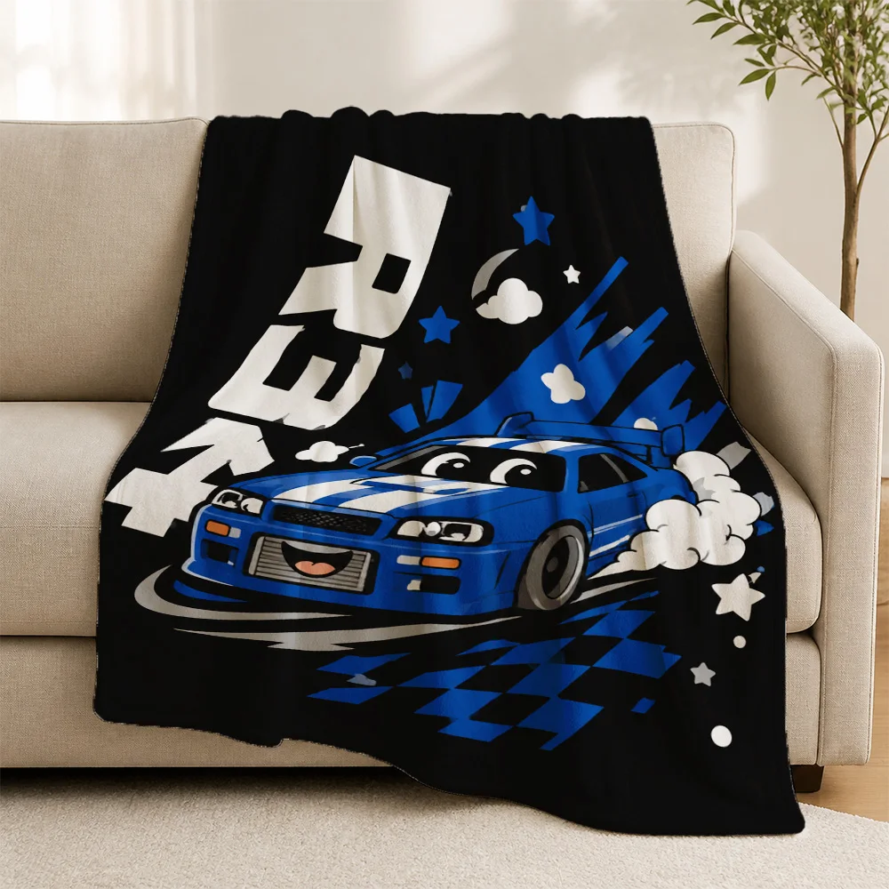 High Quality Blue Car Racing Theme Throw Blanket for Sofa Cozy Home Decor Gift for JDM Muscle Car Lovers Man Cave Couch Cover