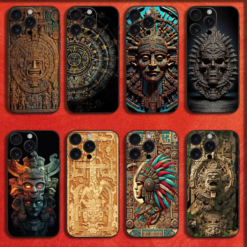 

Mayan Aztec Calendar Statue Phone Case For iPhone 16,15,14,13,12,11,Pro,XS,Max,XR,Plus,E,SE4,Mini Black Fashion Cover