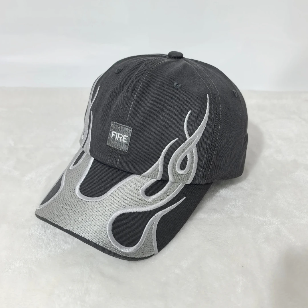 Amerikanische Retro Y2K Baseballkappe mit Flammen-Stickerei, Verstellbare Feuer-Muster Baumwoll-Dad-Mütze, Streetwear Hip-Hop-Hut für Männer und Frauen – Detail 4