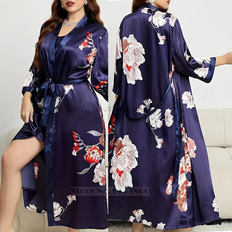 Large Size 5XL Female Long Robe Set Print Flower Kimono Bathrobe Gown Spring Summer Satin Sleepwear Nightdress Loose Home Wear