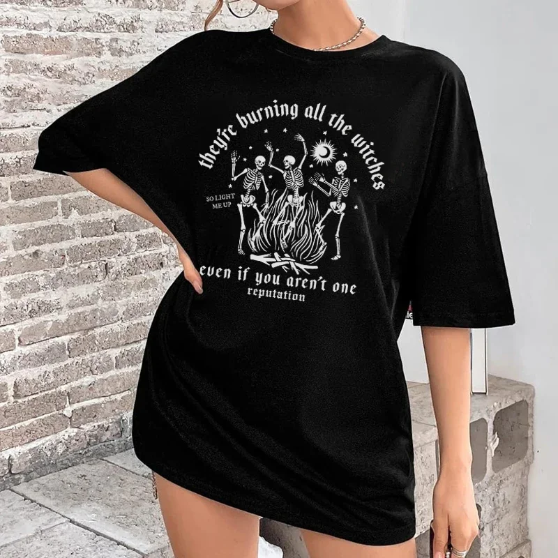 Funny Dancing Skeleton Halloween T Shirt Hippie Gothic Witch Tee Shirt Tops Trendy Fashion Music Lover T-Shirts Women Clothes