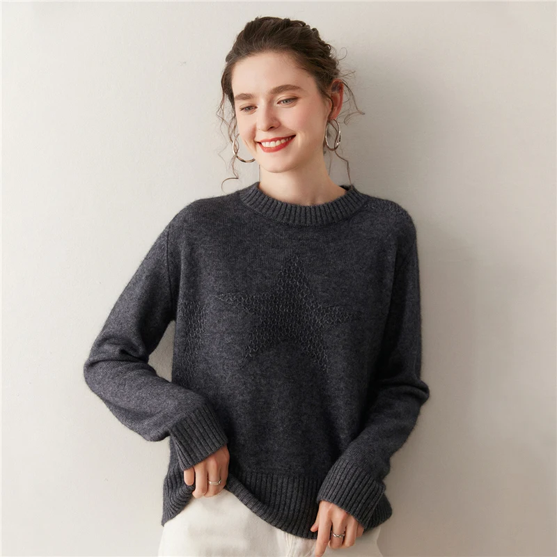 

ADDONEE Women 100% Cashmere Autumn Winter Luxury Clothing Sweater O-neck Pullover Grace Simple Style Star Cashmere Knitwear Tops