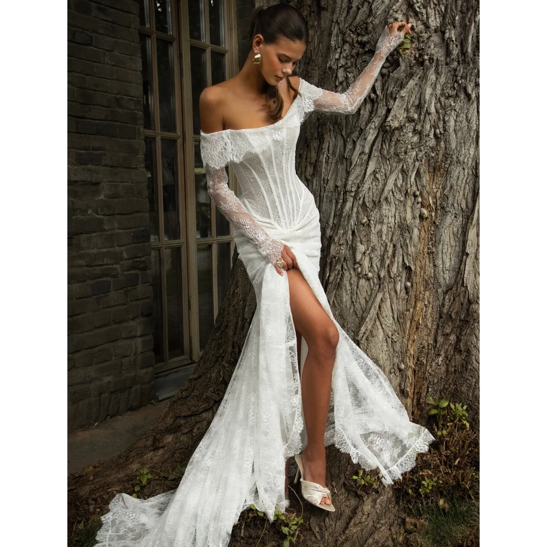 Zeemeermin trouwjurken off-shoulder kanten korset vestido de novia lange mouwen op maat gemaakte robe de soirée