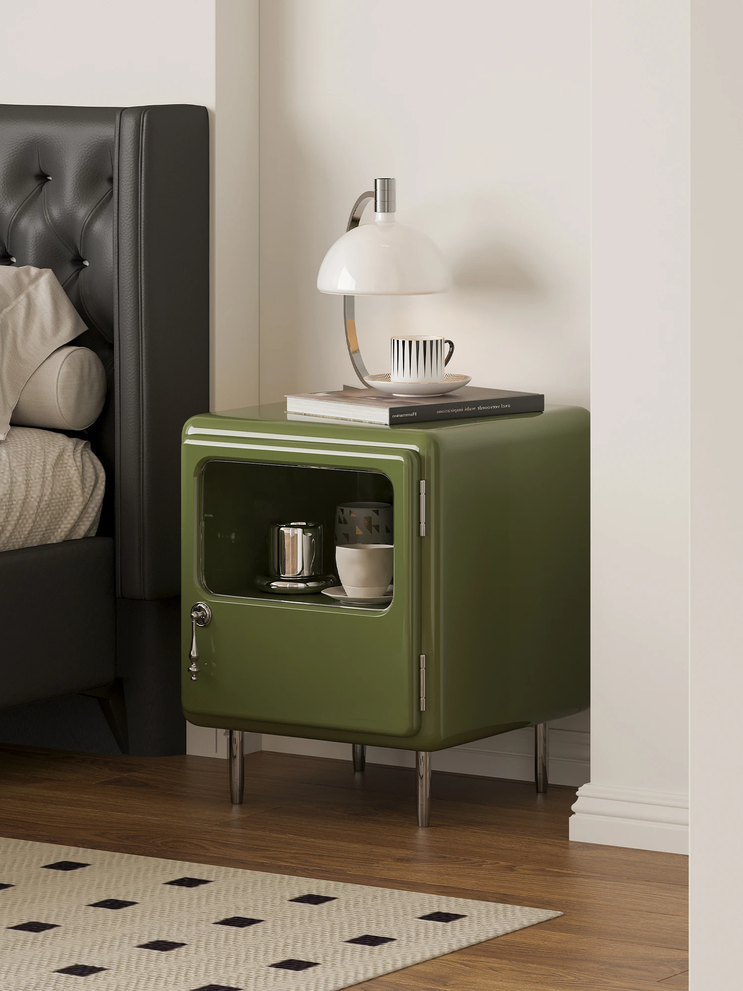 Transparent pendant bedside table Matcha retro bedside table Small apartment storage cabinet Italian minimalist locker